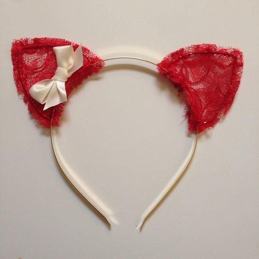Lace Cat Ears in Red with Bow